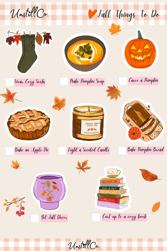 Sticker sheet with fall-themed activities to do and check off your to-do list. Stick em on to your journal to keep track!