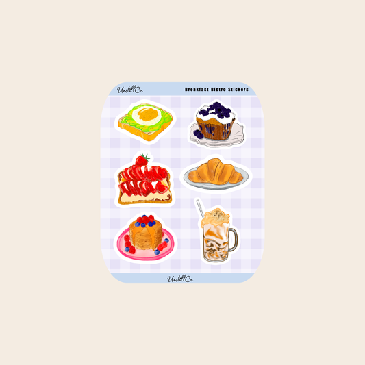 Set of breakfast-themed stickers you can use to decorate your journal, laptop or bottle!
