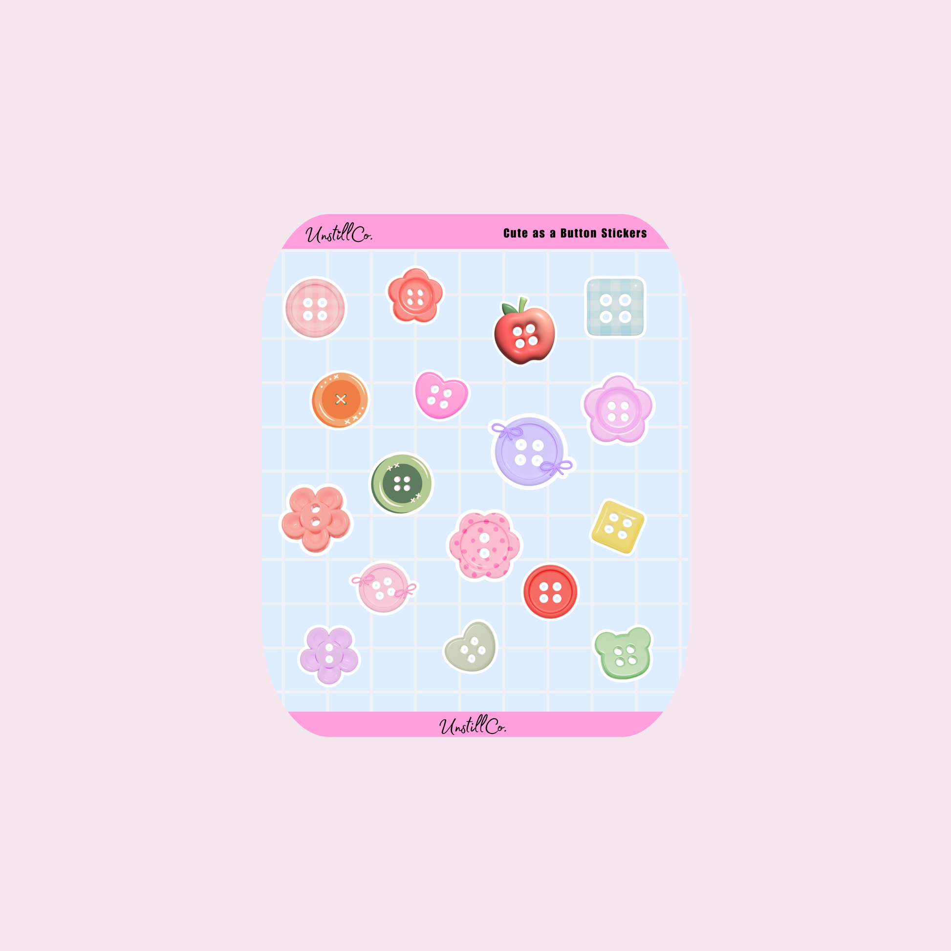 Pack of colorful button and flower shaped button stickers on a blue background , for decorating journals
