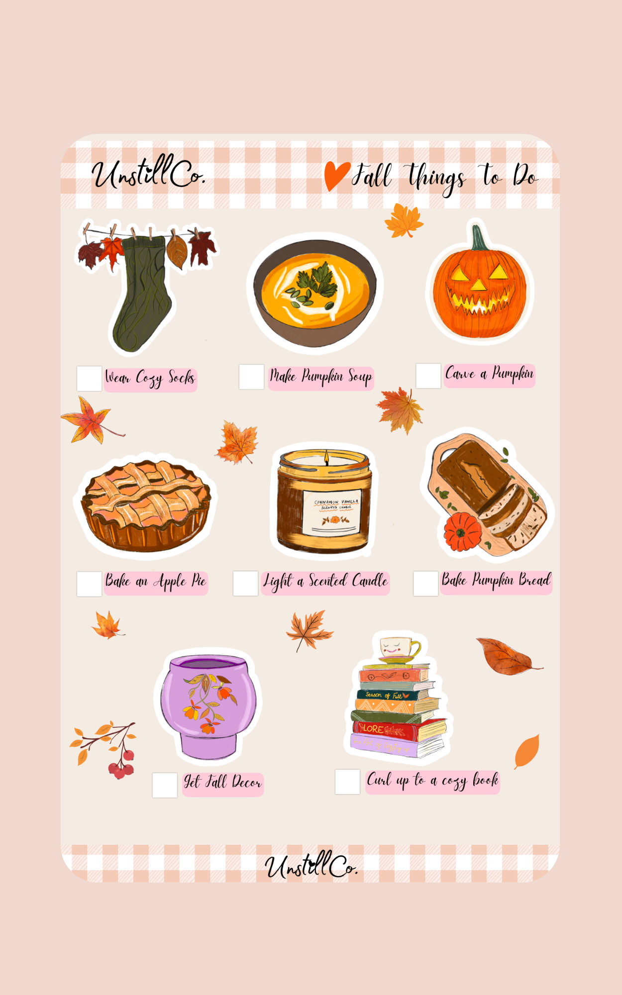 Sticker sheet with fall-themed activities to do and check off your to-do list. Peel and stick them to your journal!