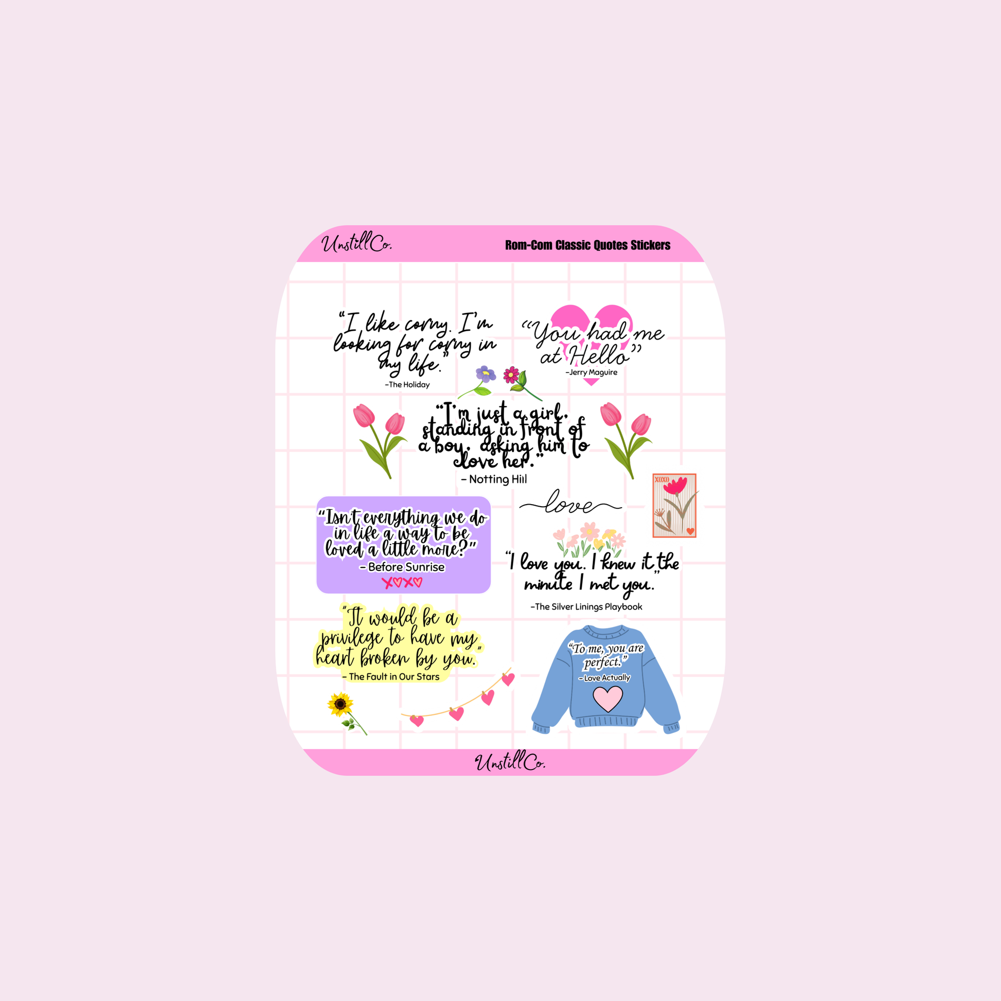 Pack of stickers with romantic phrases  from popular rom com movies, and graphics on a pink background