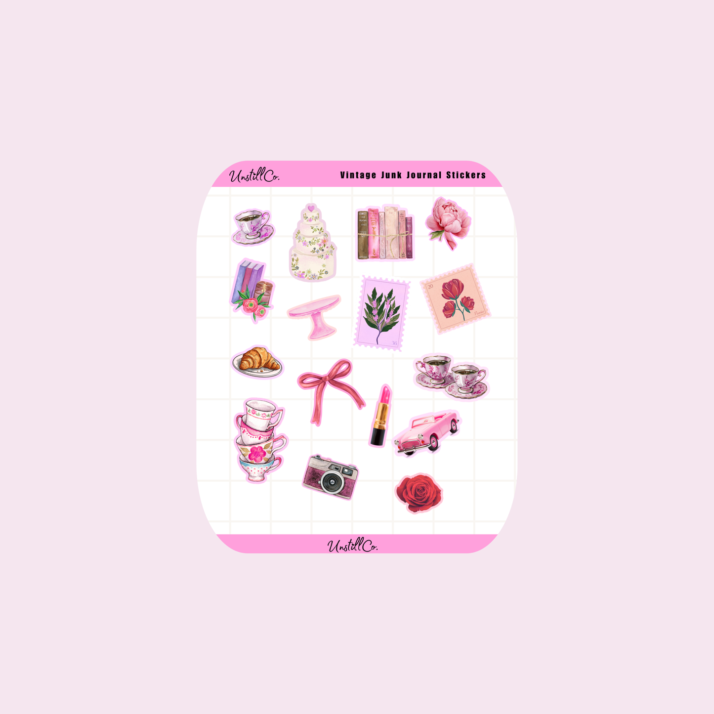 Sheet of vintage-themed stickers with illustrations on a pink background. Peel and stick them on your journal to add a hint of vintage glory!