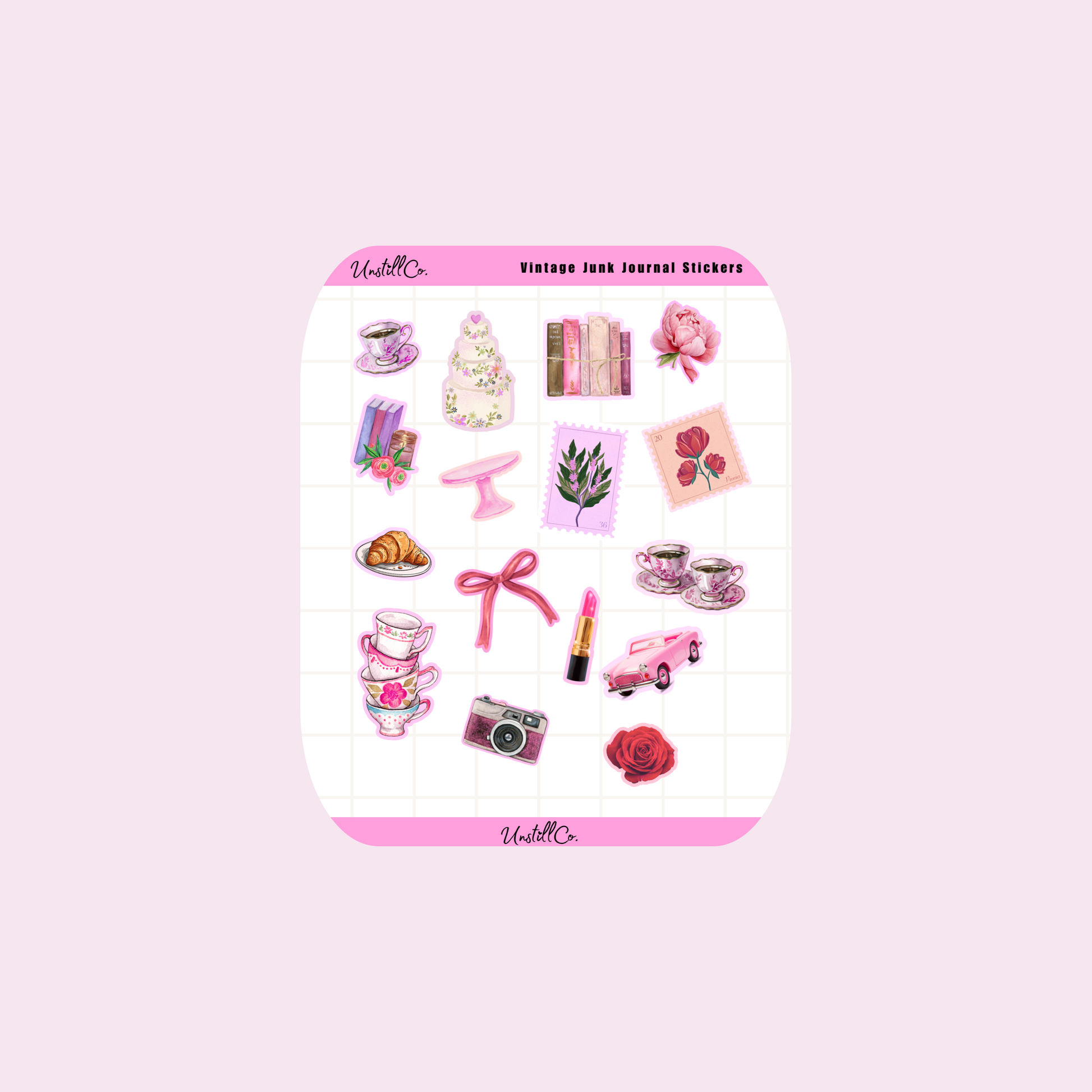 Sheet of vintage-themed stickers with illustrations on a pink background. Peel and stick them on your journal to add a hint of vintage glory!