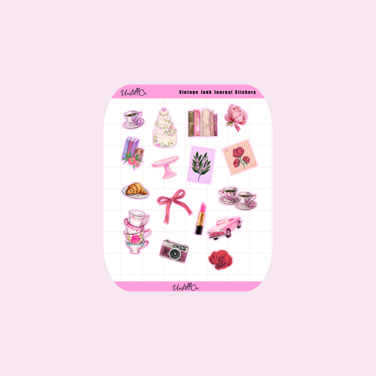 Sheet of vintage-themed stickers with illustrations on a pink background. Peel and stick them on your journal to add a hint of vintage glory!