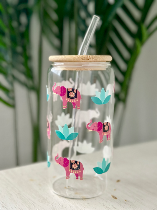 Jaipur Glass Cup (16oz) with Bamboo Lid & Straw | UnstillCo