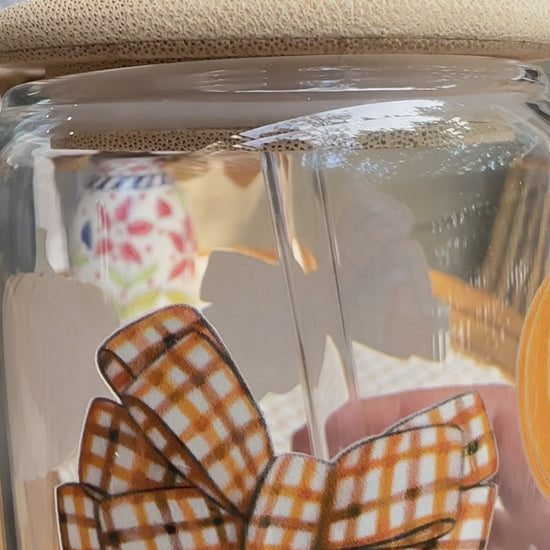 Fall Cup Glass Cup with Pumpkins and Bows design 