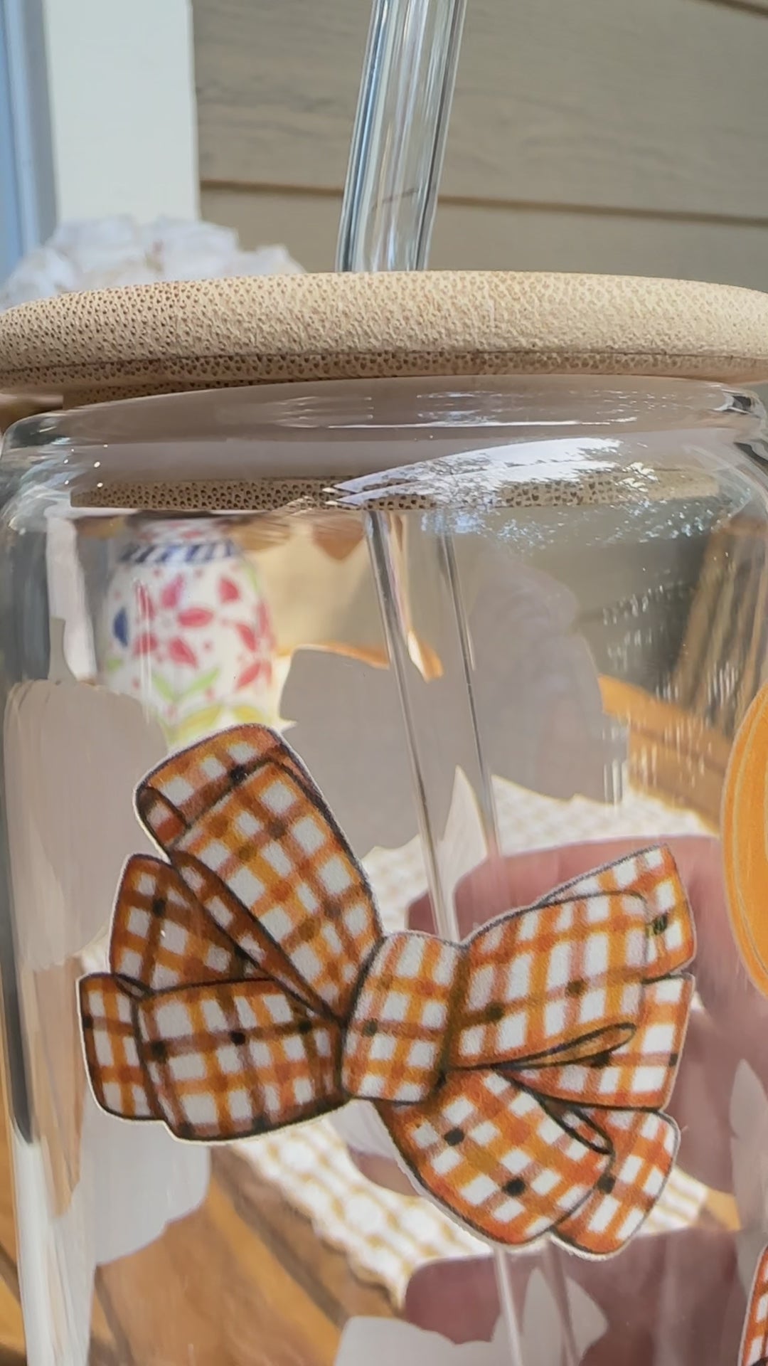 Fall Cup Glass Cup with Pumpkins and Bows design 